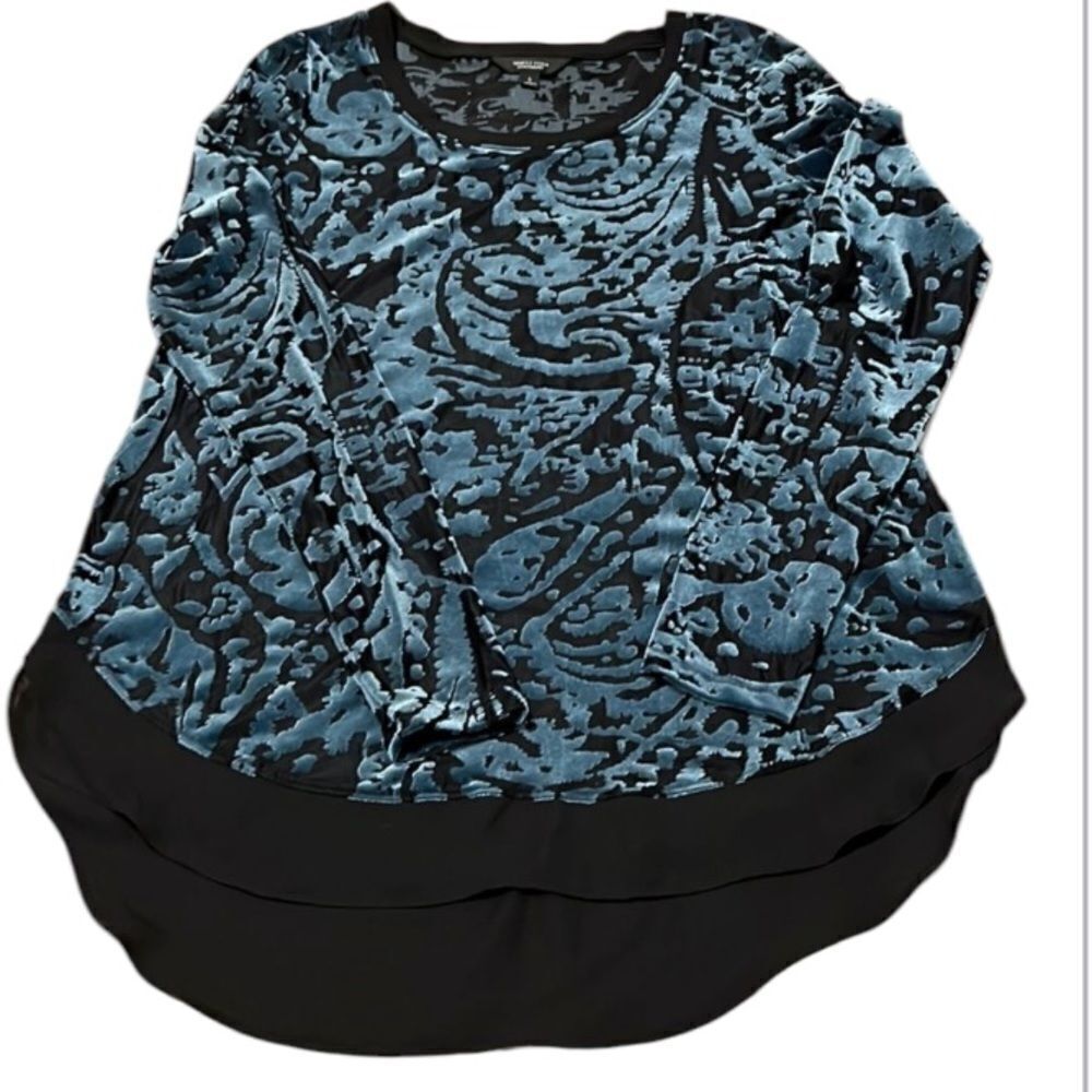 Simply Vera SzS blue velvet & sheer black burnout long sleeve flowy top EUC